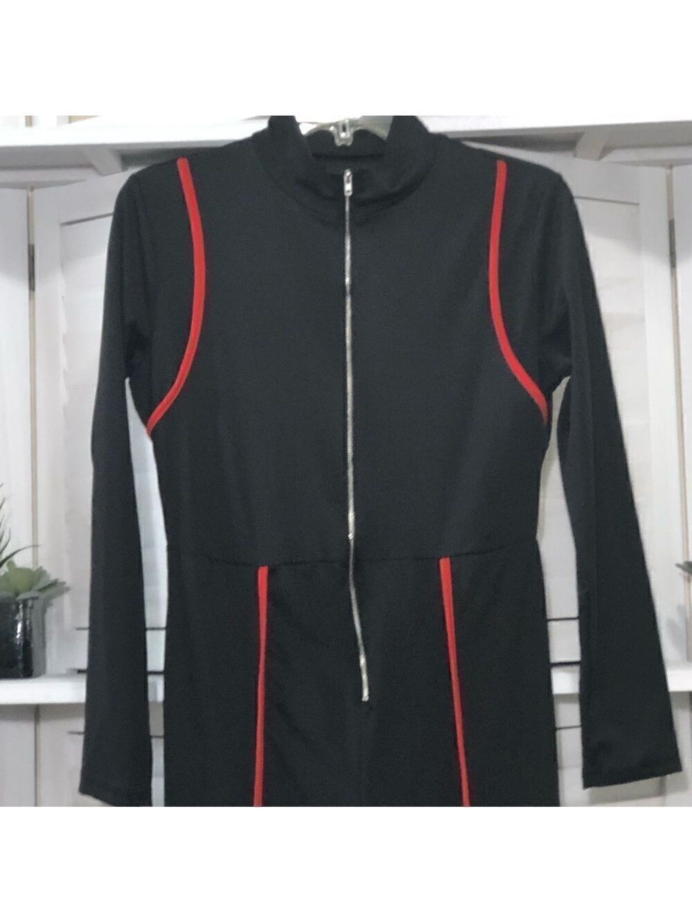 Y2K Vintage Catsuit Jumpsuit Black Red Piping S M - Picture 4 of 8